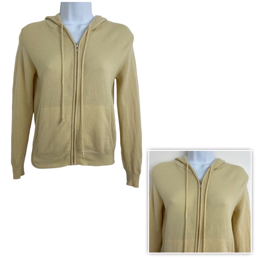 Valerie Stevens Zip Front 100% Cashmere Hoodie Yellow Long Sleeve Pockets Sz P S